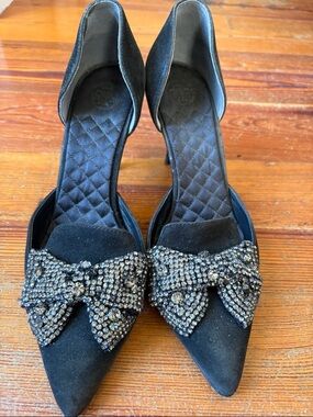 Tory Burch Black Pointed-Toe Women’s Heels - Sparkling Bow Detail